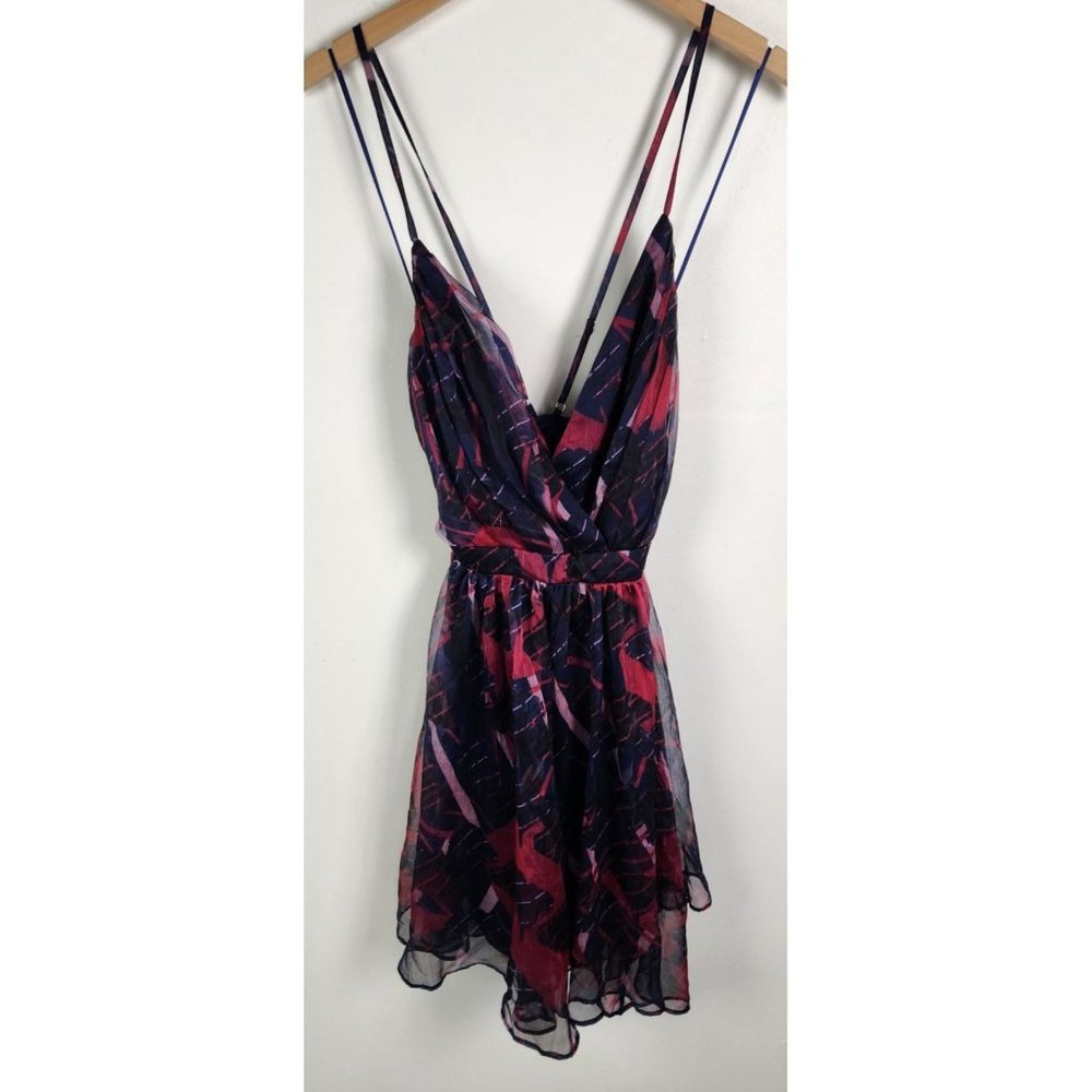 Lulus Women's Sz. XL Britannia Navy Blue Print Chiffon Skater Dress - Picture 3 of 9